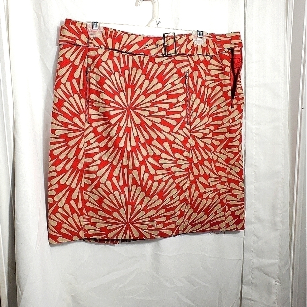 Talbots Floral Pencil Skirt Size 12 Red Tan Geometric Pockets Side Zip ❤️